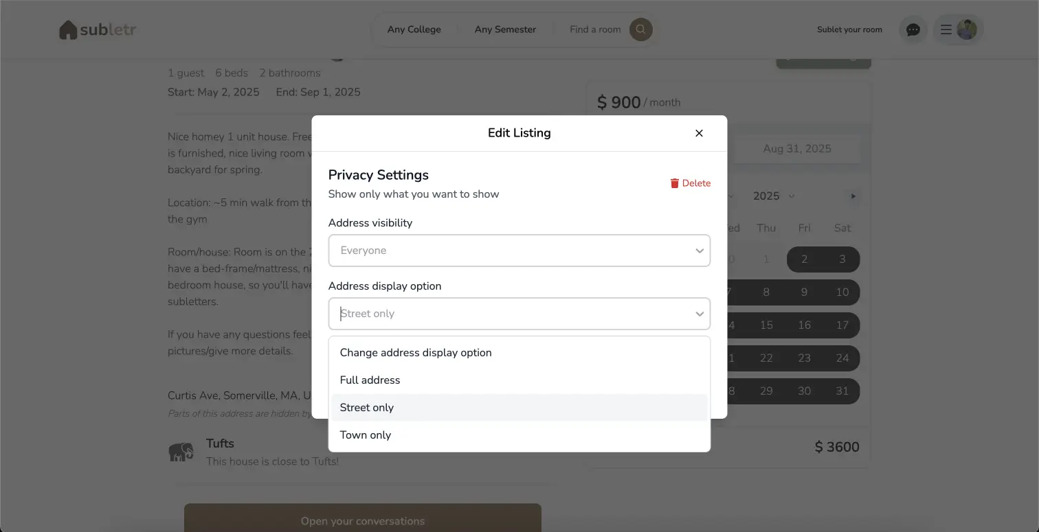 Photo: Subletr address settings